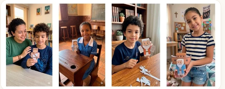 Niños y familias usando el material de juguetes de papel